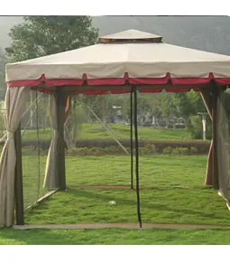 Steel gazebo with curtains on a lawn