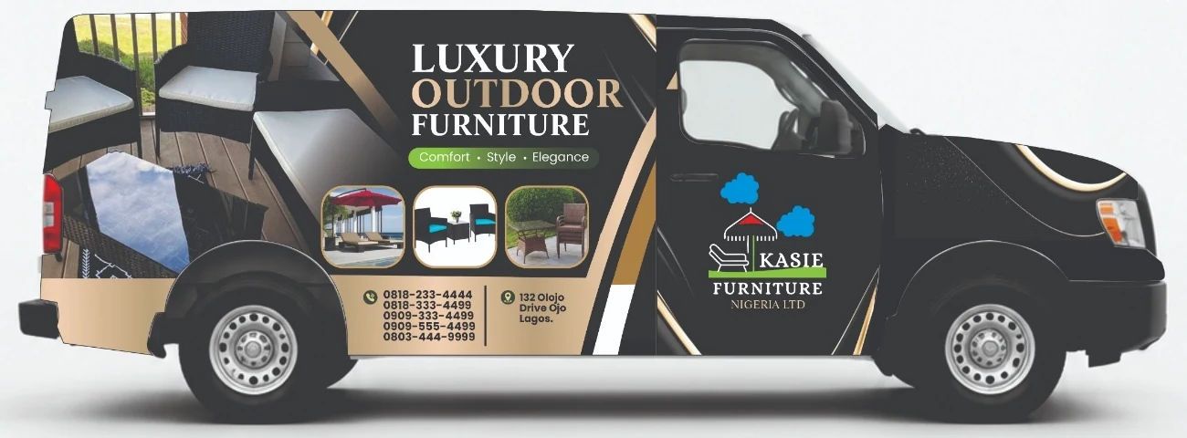 Black and gold Kasie Furniture delivery van, side view