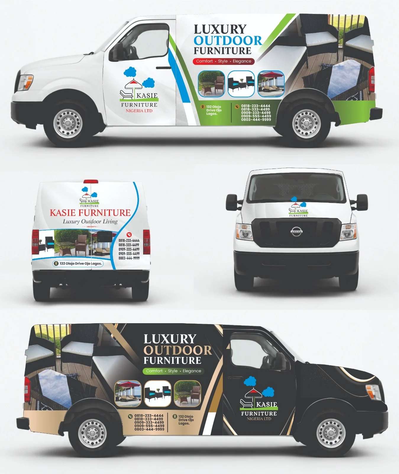 Kasie Furniture van livery in four views: white side, rear, front and black-and-gold side